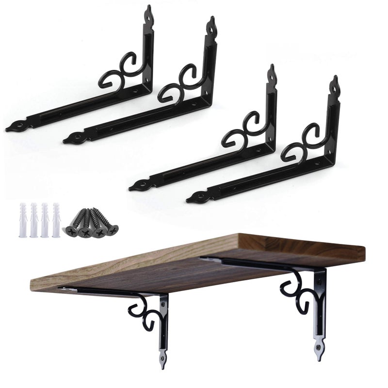 OVOV Shelf Brackets 4 Pcs Heavy Duty Decorative 6 Inch Black Right Angle Shelving Brackets Wall Mounted Shelf Supports for DIY Home Kitchen Living Room - Image 1